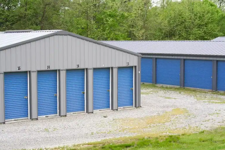 Rows of self storage buildings.